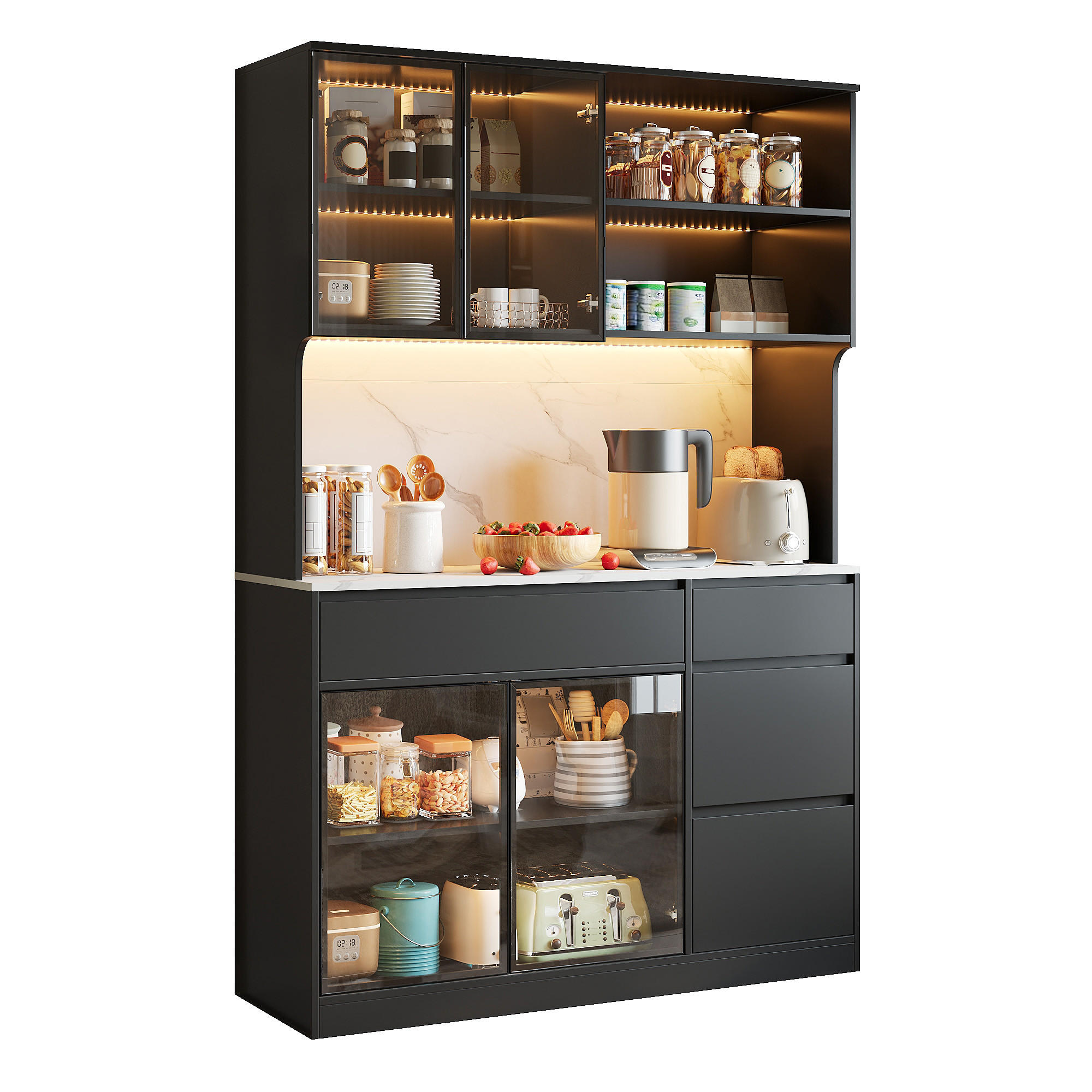 VITRINA INALTA LED aspect marmura, Alb/Negru