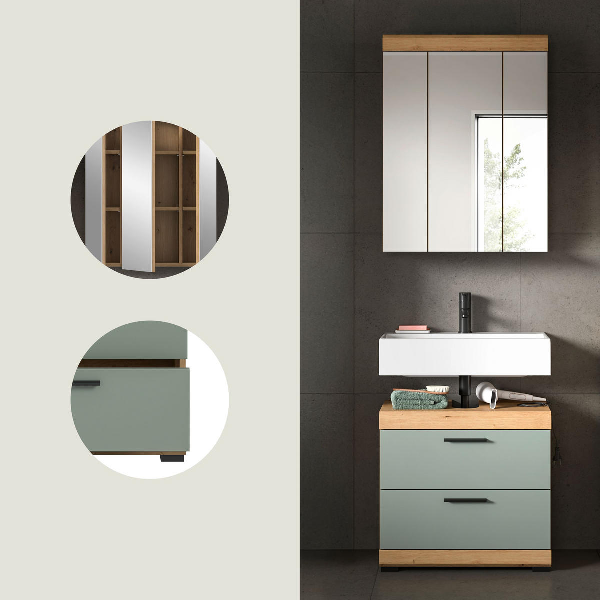 BADKOMBINATION 2tlg. Scout Bad in Artisan Eiche Nachbildung und Salbei Nachbildung B/H/T: 60x191x34 cm - Eiche Artisan, Holz (60/191/37cm)