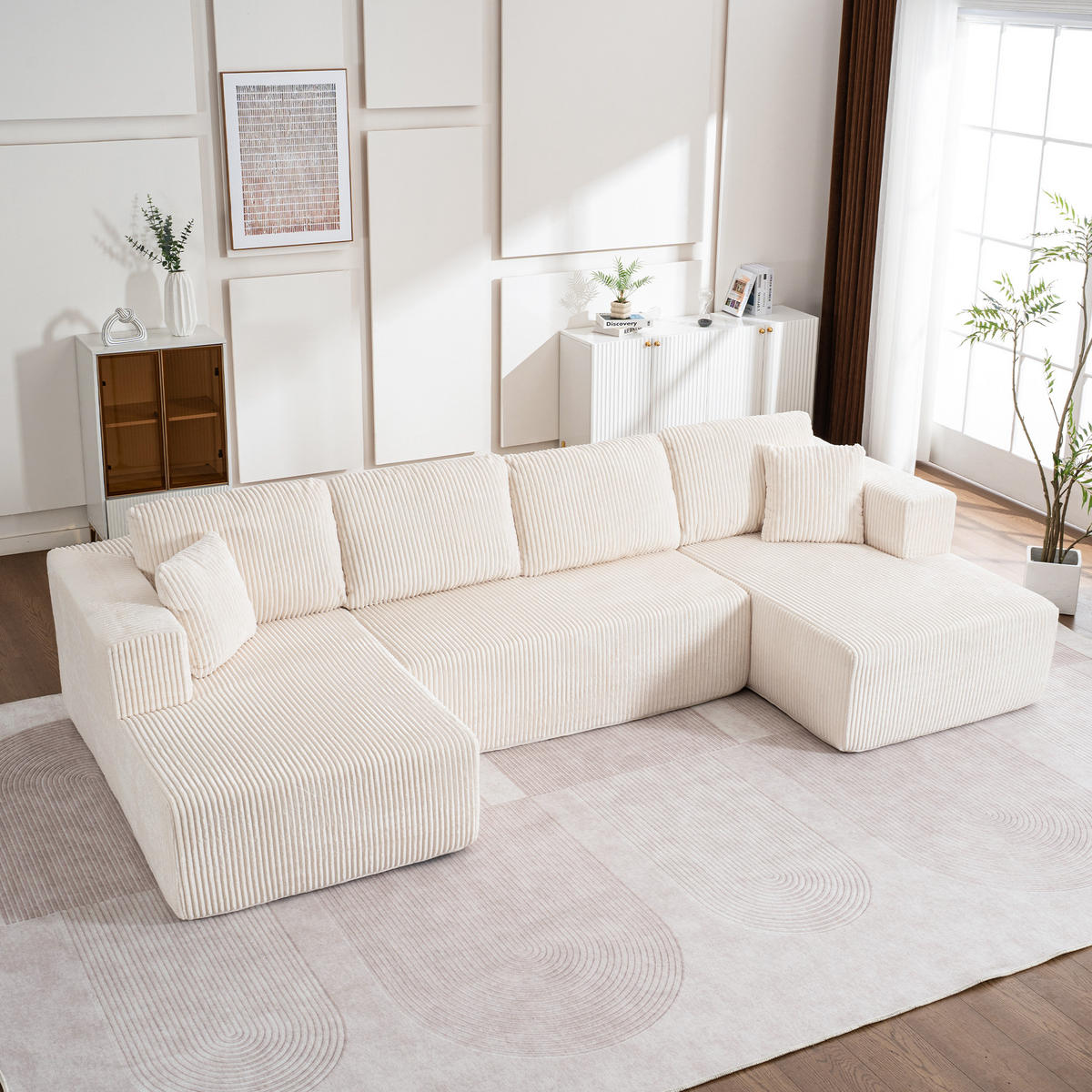 WOHNLANDSCHAFT Cord Weiß mit Schlaffunktion und Kissen - Weiß, Textil (332/88/156cm) - WISHDOR