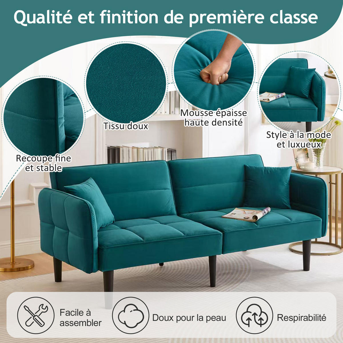 SOFA 2in1 Verstellbar Schlaffunktion Samtbezug Klappbare Armlehnen Kleinraum - Grün, Holz (92.08/19.05/80.01cm) - FLIEKS