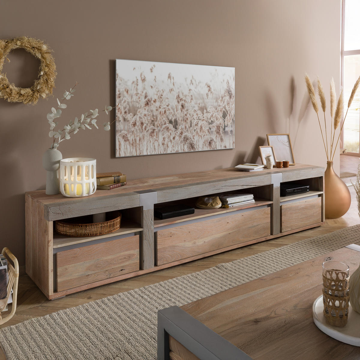 TV-BOARD Akazie 250x48x55 beige lackiert Amsterdam #127 - Beige, Holz (250/55/48cm) - Massivmoebel24