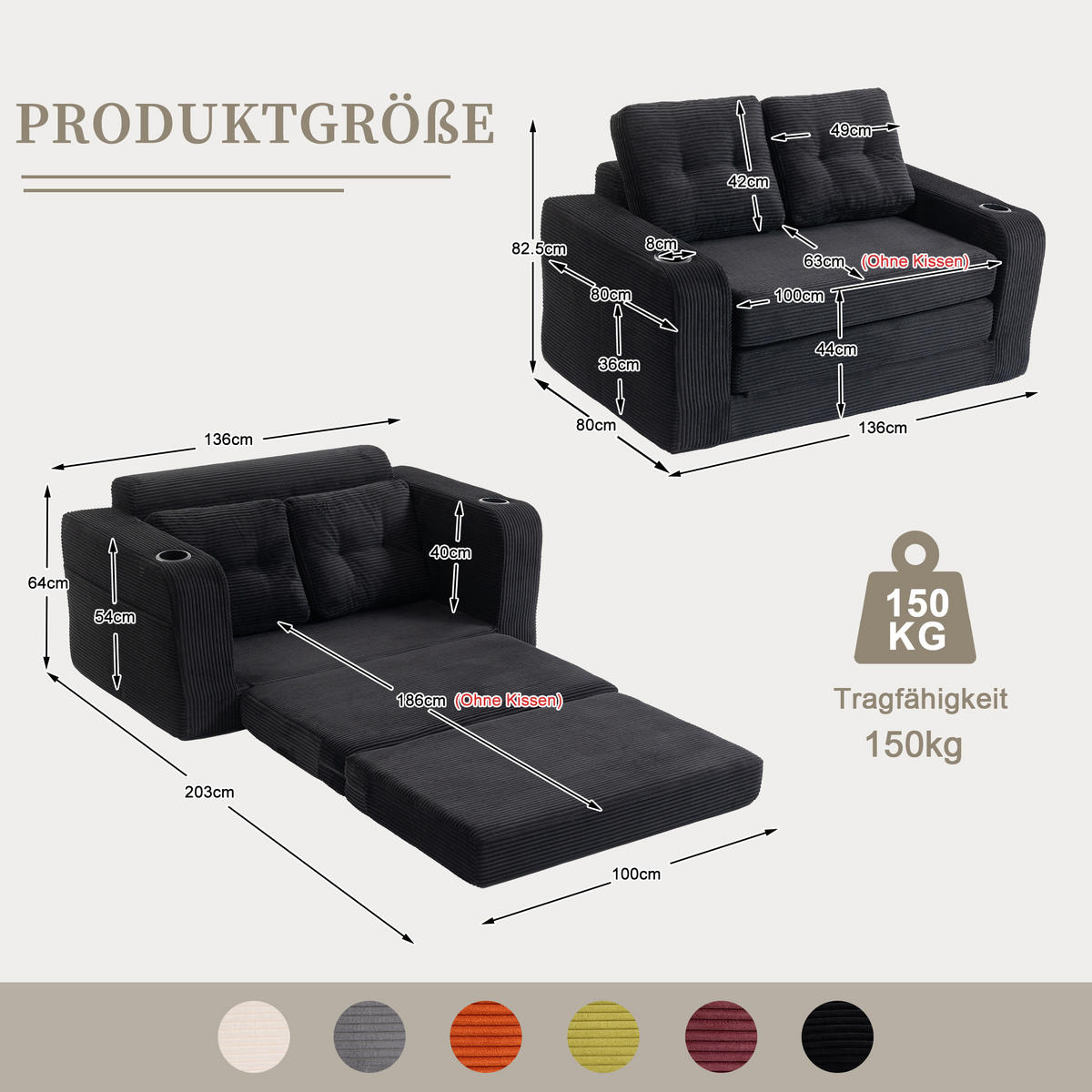 SCHLAFSOFA in Schwarz Cord mit Getränkehalter und Seitentaschen - Schwarz, Textil (136/82.5/80cm) - Oxeza