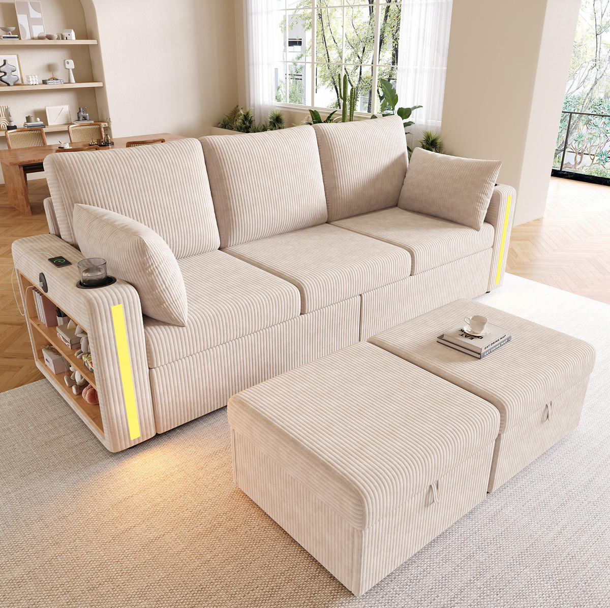 SOFA modulares U-/L-Form 190 x 130 x 85 cm Cord Beige 2 Hocker - Beige, Holz (130/85/190cm) - Meubliv