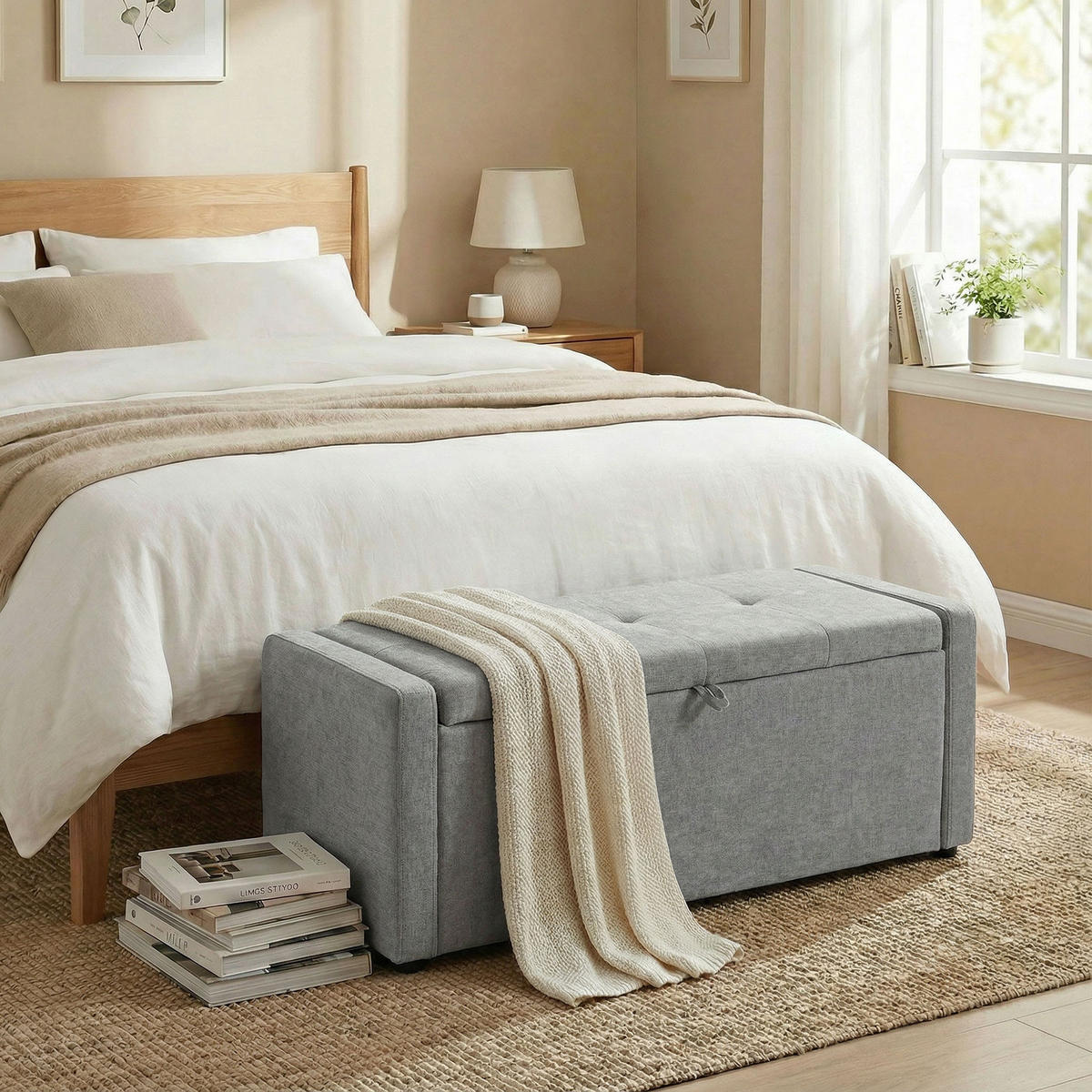 TRUHENBANK DE-16455 breit gepolstert mit Stauraum Hellgrau - Hellgrau, Textil (122/44/48cm) - ComfortXL