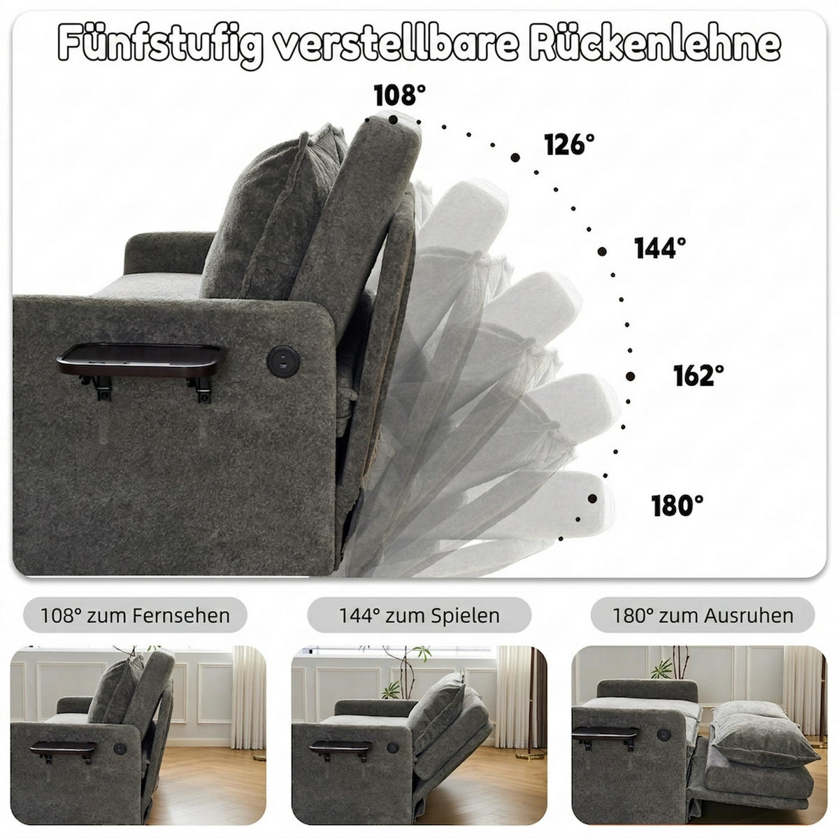 SCHLAFSOFA 172.5/71/95 cm Grau mit USB-Anschluss, 5-fach verstellbarer Rückenlehne und Stauraum - Grau, Textil (71/95/172.5cm) - Oxeza