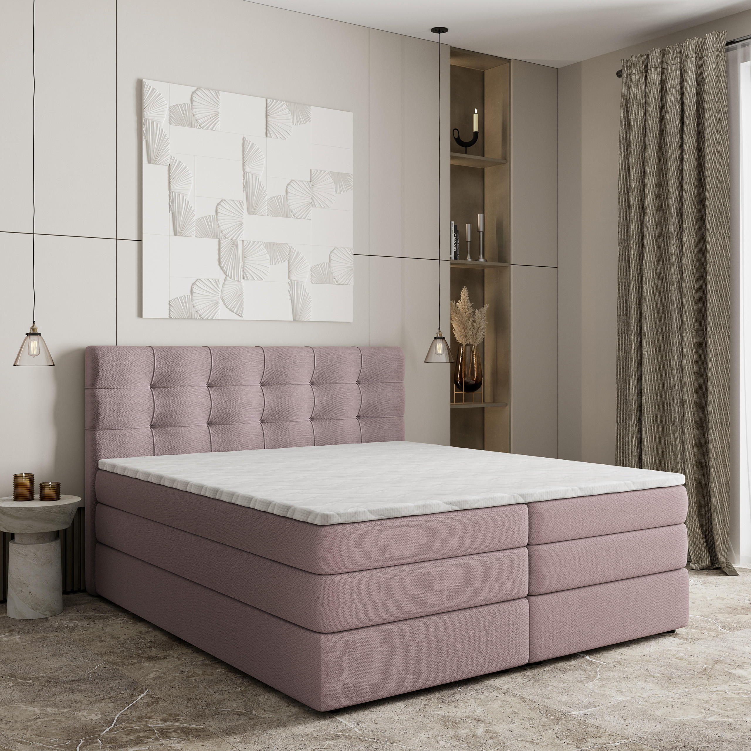 BOXSPRINGBETT AREZI 180x200 cm mit Matratze und Topper - Rosa - Rosa, Holz (180/200cm) - MASSENO