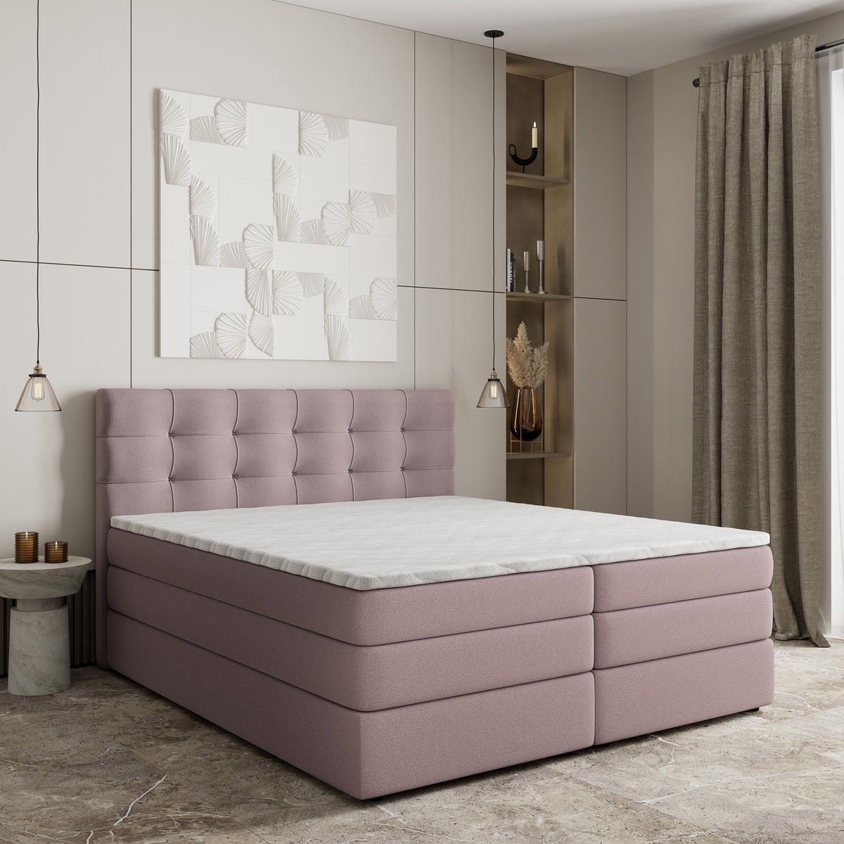 BOXSPRINGBETT AREZI 180x200 cm mit Matratze und Topper - Rosa - Rosa, Holz (180/200cm) - MASSENO