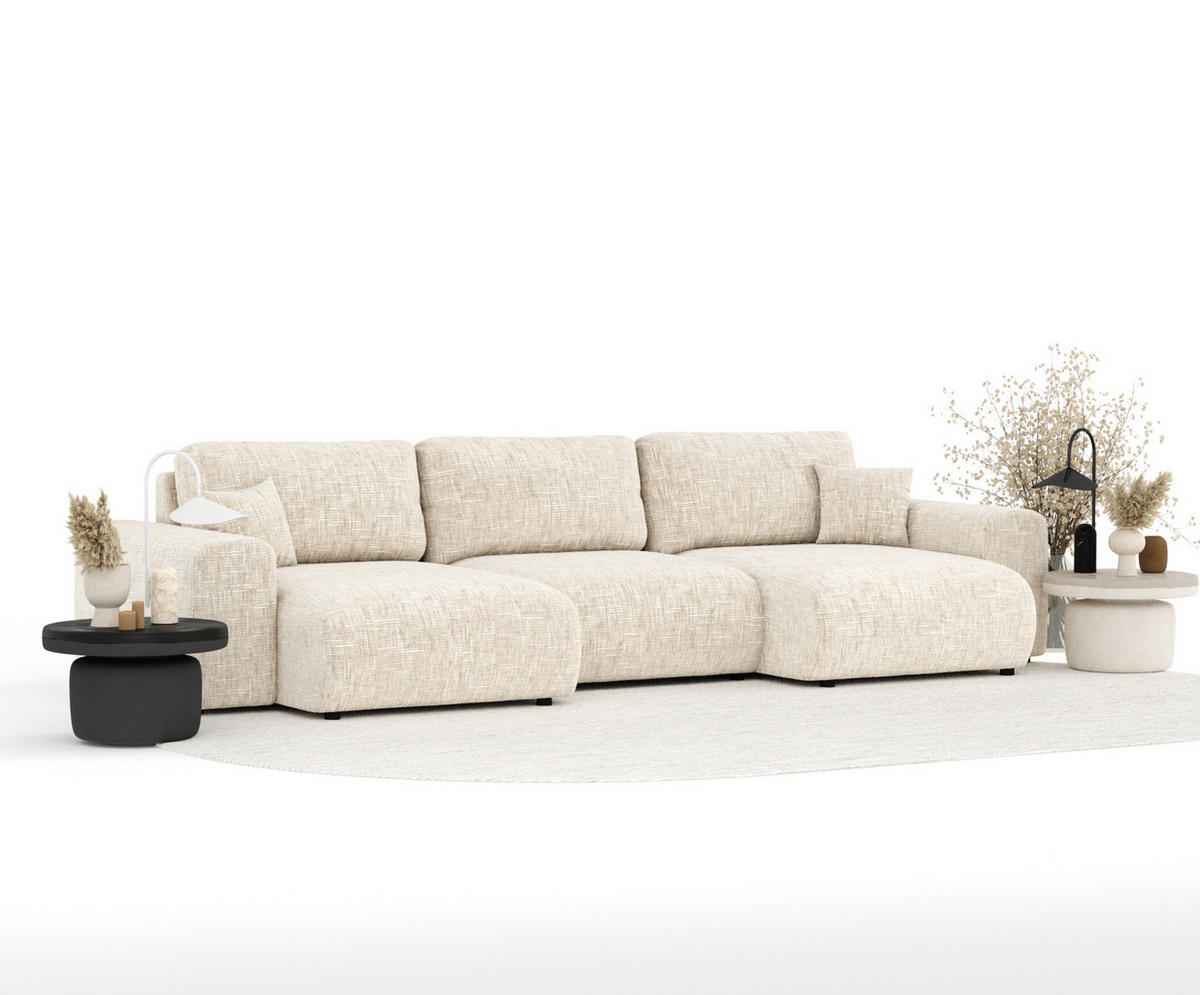PANORAMASOFA Zanzibar Creme Webstoff - Creme/Schwarz, Holz/Holzwerkstoff (325/79/144cm) - Maison de Reve