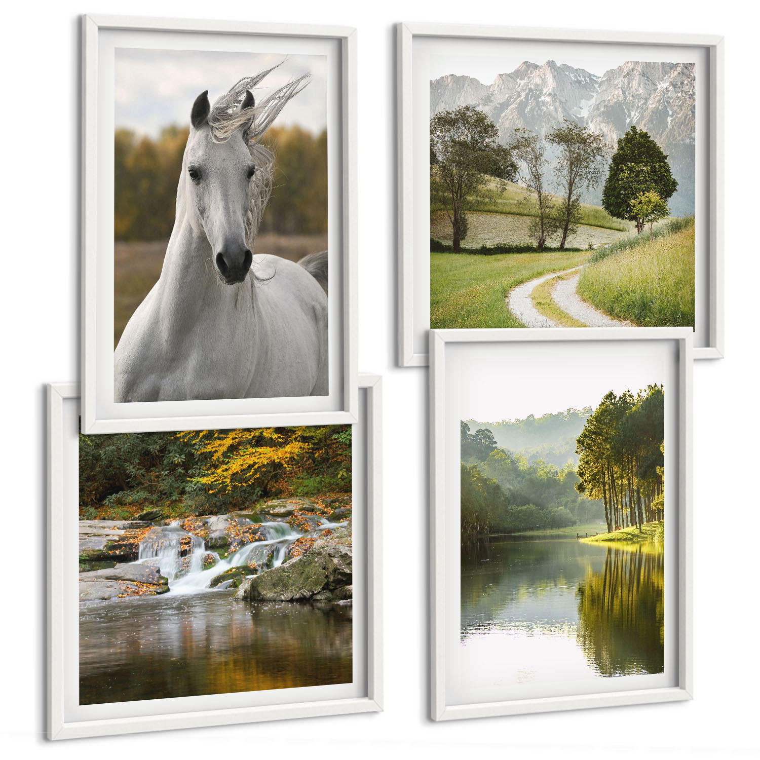 BILDER SET 4er Set - 50x50 cm & 40x60 cm Weißer Rahmen - Natur des Flusses White Horses - Weiß, Kunststoff (50/50cm) - TULUP