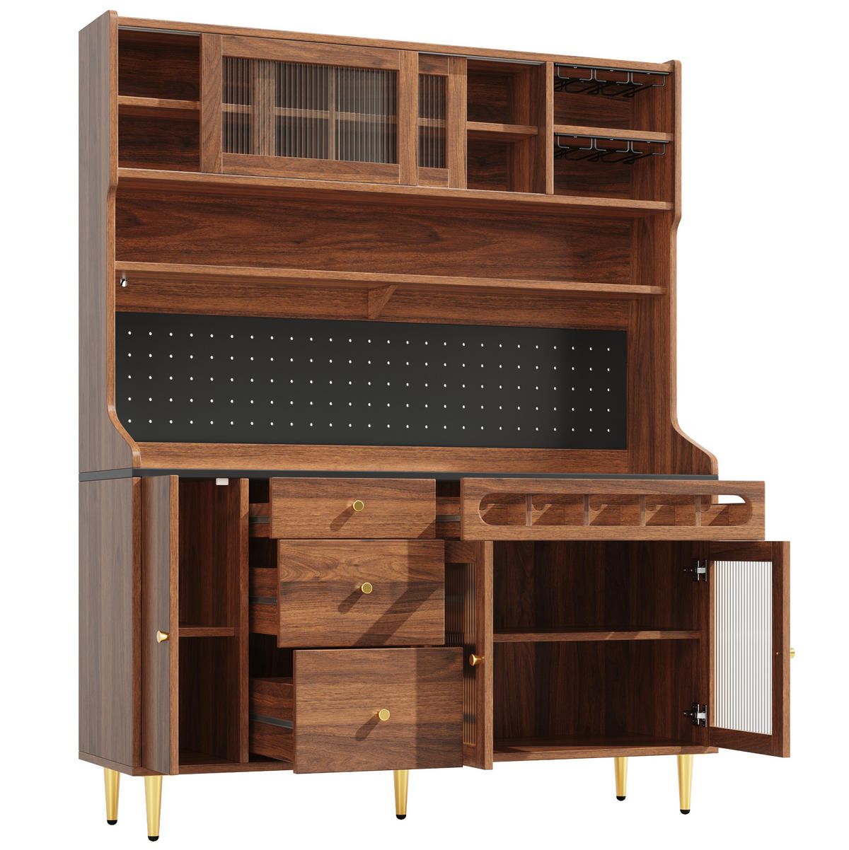 BUFFET 145/39/171 cm aus MDF und Glas mit LED-Beleuchtung und Weinregal Walnussfarben - Walnussfarben, Holzwerkstoff (145/171/39cm) - Modenvie