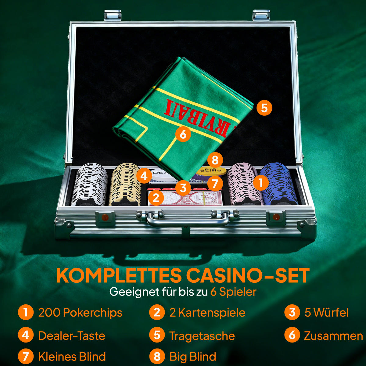 POKERCHIPS-SET DE-10860 200 Chips mit Koffer & 2 Kartendecks Silber - Silberfarben, Metall (22.5/29.5cm) - ComfortXL
