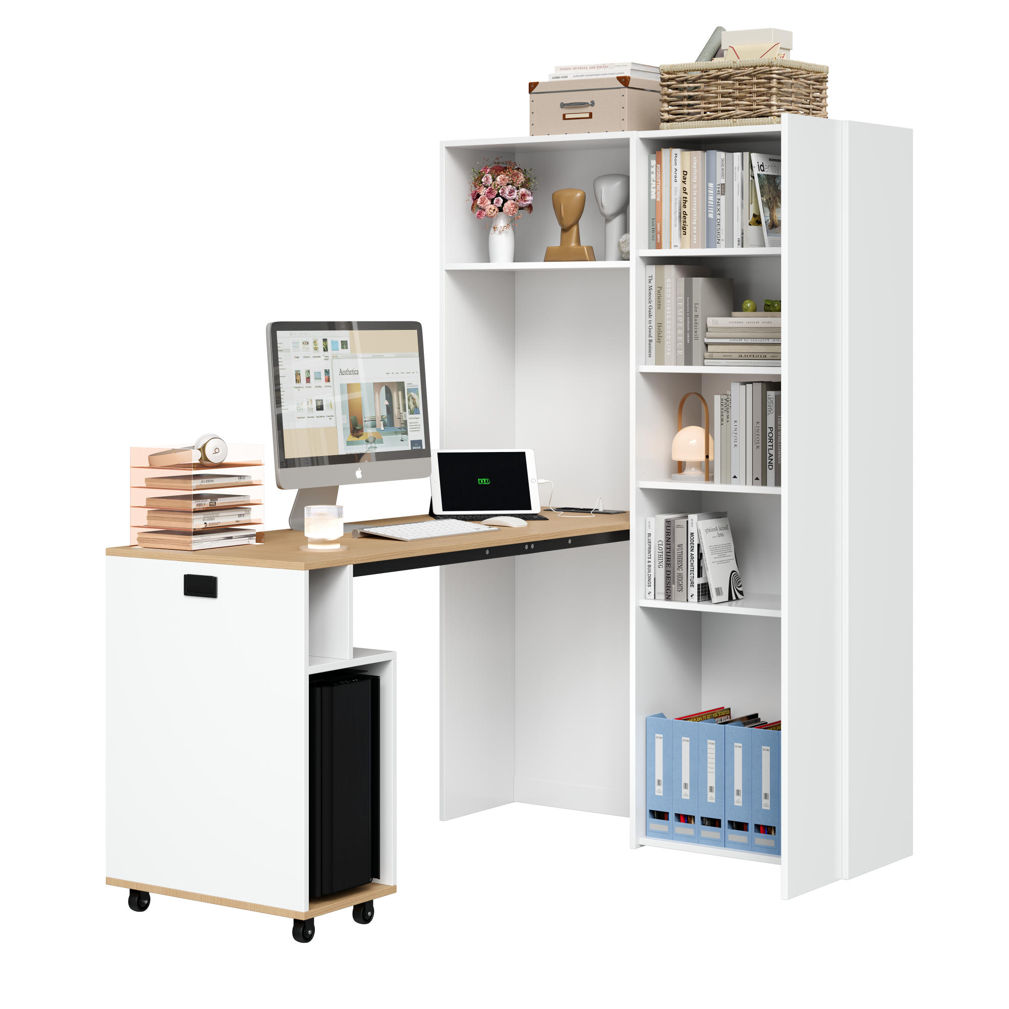 SCHREIBTISCH 2-in-1 Bücherregal und Schreibtisch klappbar MDF - Weiß, Holzwerkstoff (30.5/104.5/160cm) - Gisaae