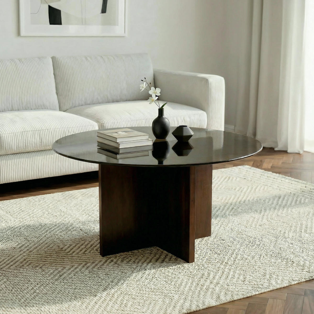 COUCHTISH GIULIA moderner aus schwarzem Glas in Walnuss - Braun, Holz (80/80/45cm) - Sicaan