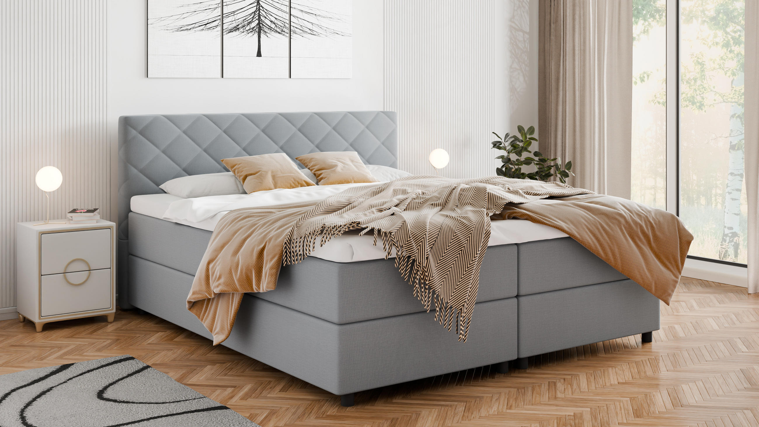 BOXBETT Diamaro 180x200 cm mit Bettkasten und Topper - Hellgrau - Hellgrau, Holz (180/200cm) - Panda Möbel