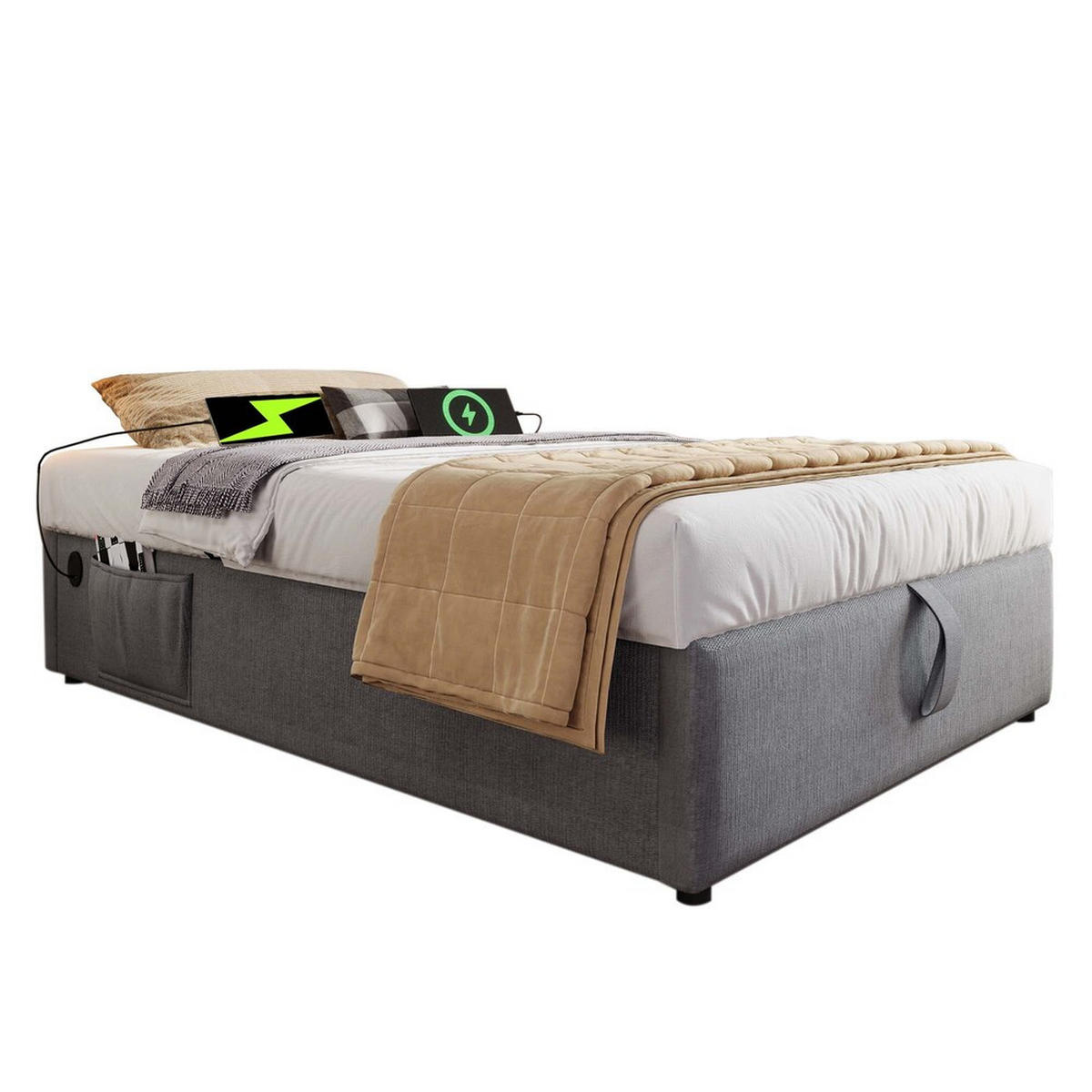 POLSTERBETT 90x200cm Einzelbett Stauraumbett mit USB-C & Lattenrost Grau - Grau, Holz - FLIEKS