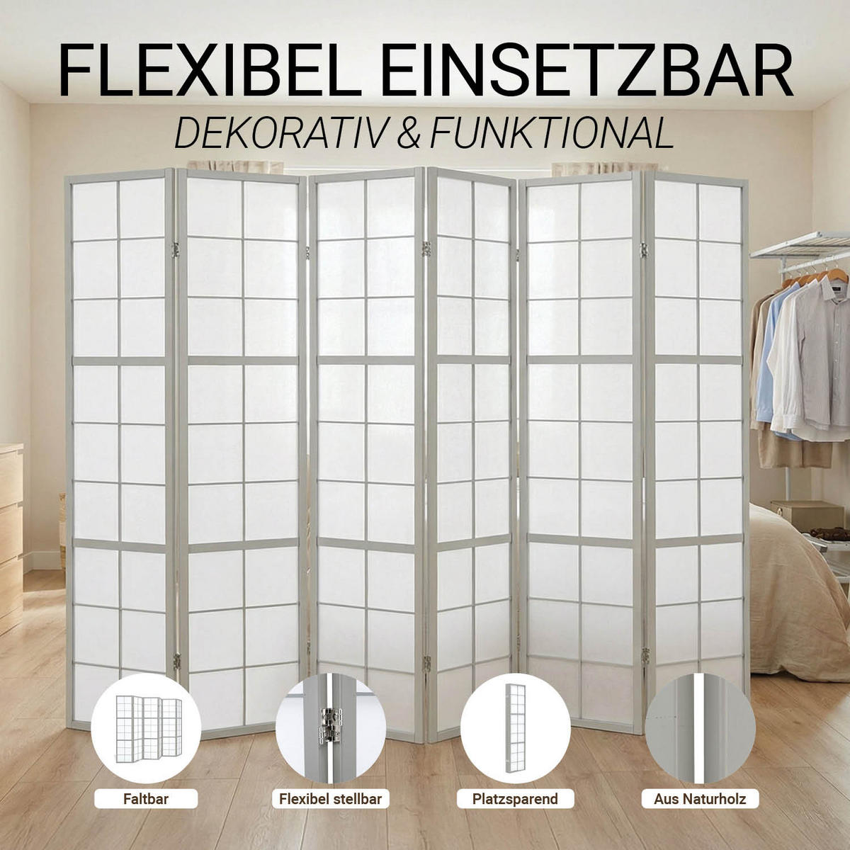 PARAVENT 6-tlg 264/179 cm Grau Holz Shoji - Grau, Holz (264/179/2cm) - Homestyle4u