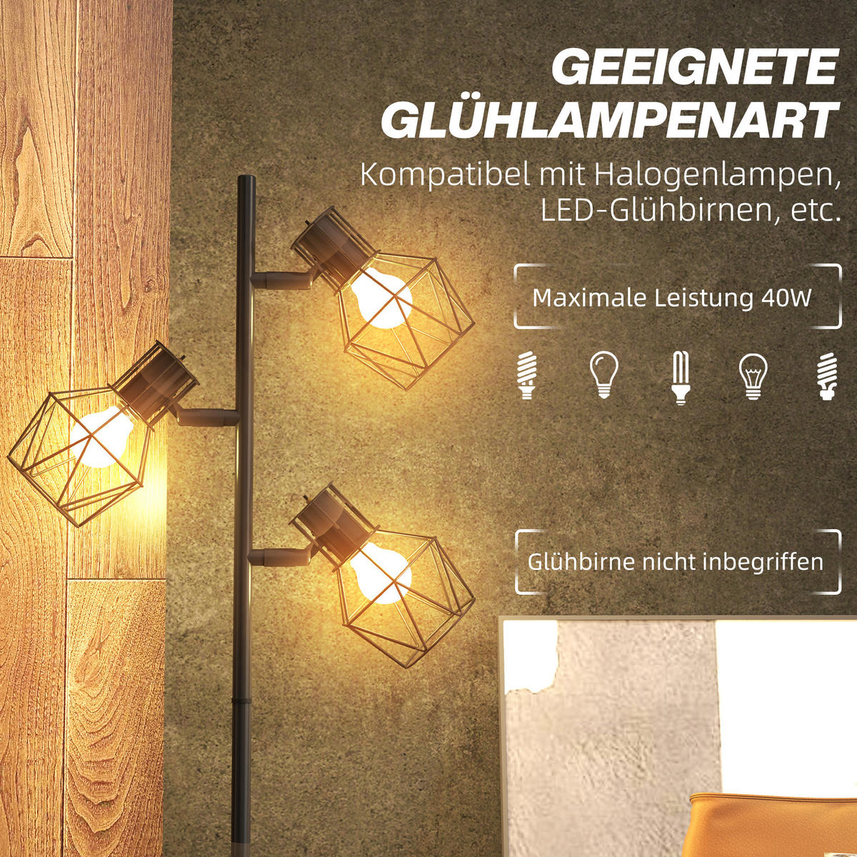 STEHLEUCHTE, Stehlampe mit 3 E27 Fassungen, 3 Flammen für Wohnzimmer, Schwarz - Schwarz, Metall (41/28/169cm) - HOMCOM