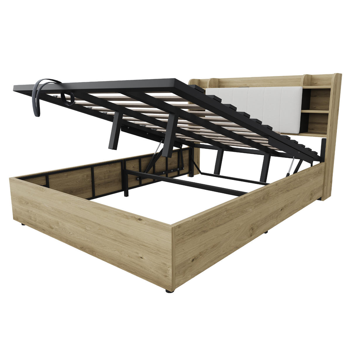 POLSTERBETT 180/200 cm Holzfarbe mit Stauraum, Ausgestattet mit USB und Tape-C-Steckdose - Naturfarben, Holz (180/200cm) - Oxeza
