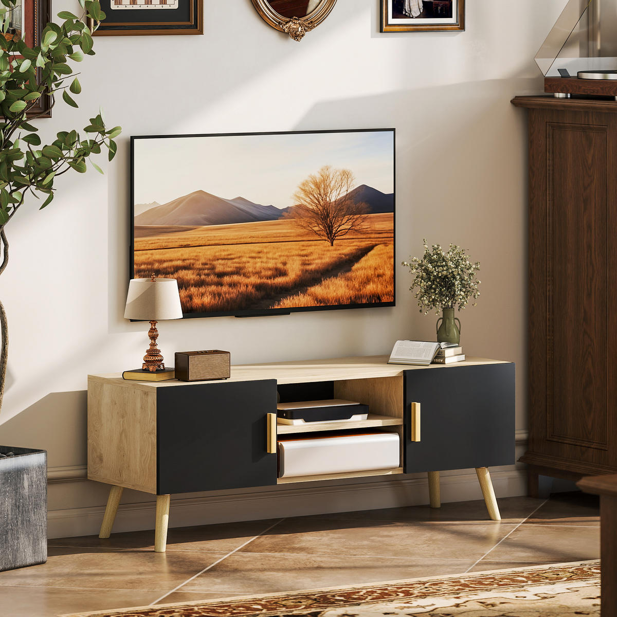 TV-LOWBOARD Eichefarben/Schwarz 110/36,2/42 cm, 2 Türen, Kabelmanagement - Eichefarben, Holzwerkstoff (110/42/36.2cm) - PANGIVO