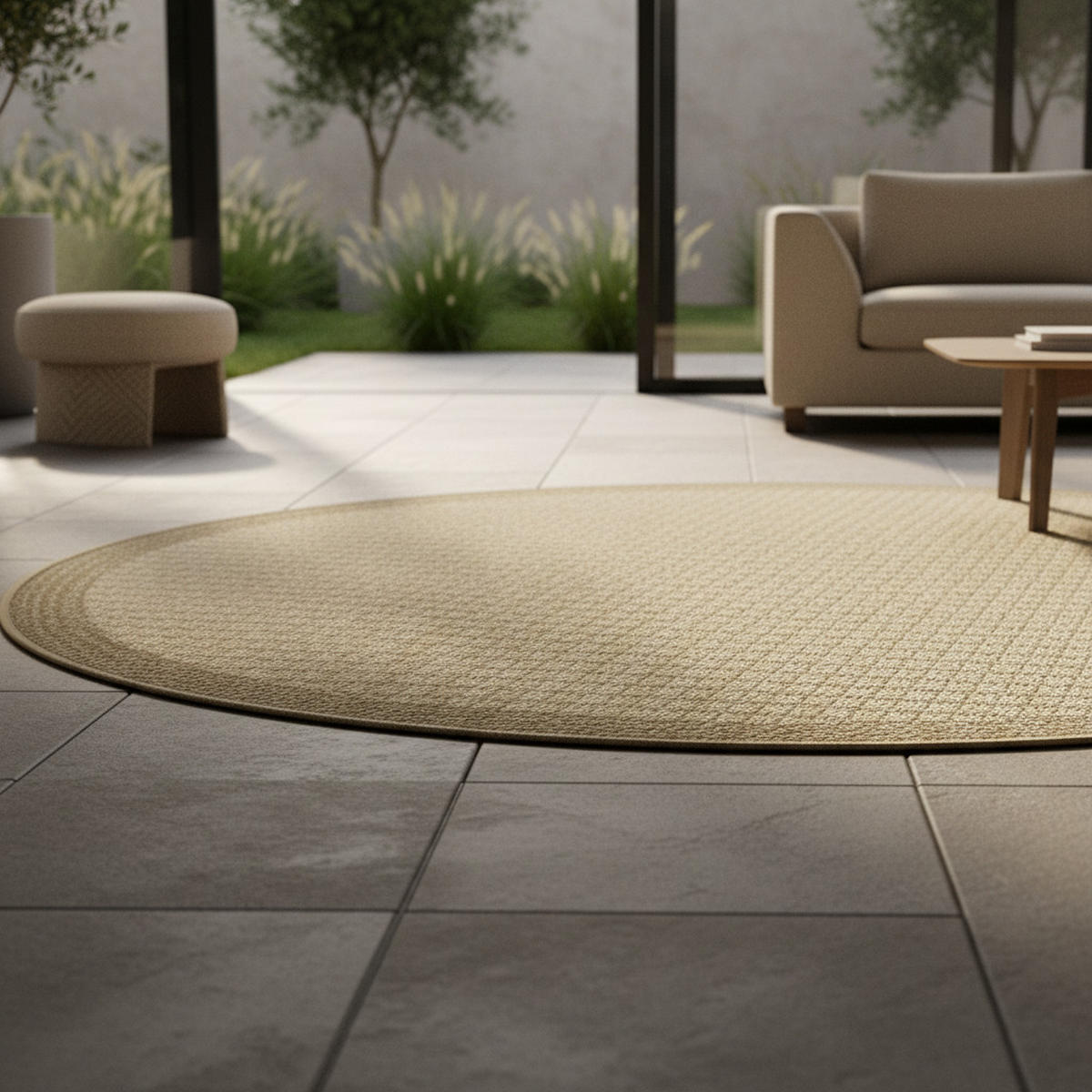 TEPPICH Outdoor Flachgewebe Uni-Farbe Polypropylen Balkon Beige Rund 120x120 - Beige, Textil (120/120cm) - KADIMA DESIGN