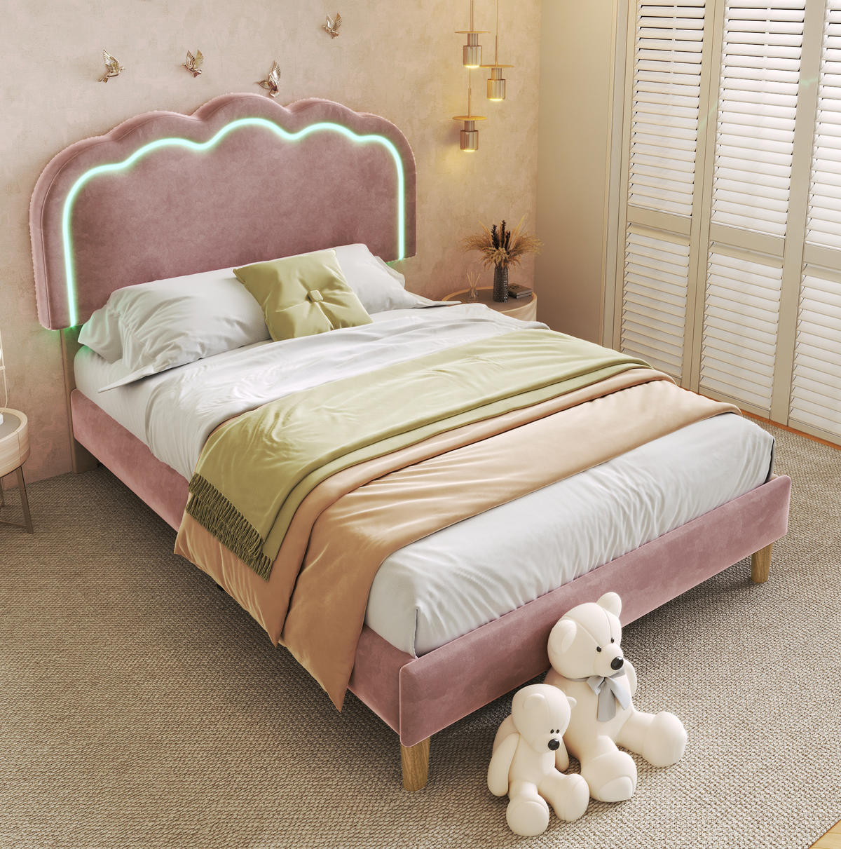 POLSTERBETT 90/200 cm mit LED-Beleuchtung, verstellbarem Kopfteil und Samtbezug, Rosa - Rosa, Textil (90/90cm) - Redom
