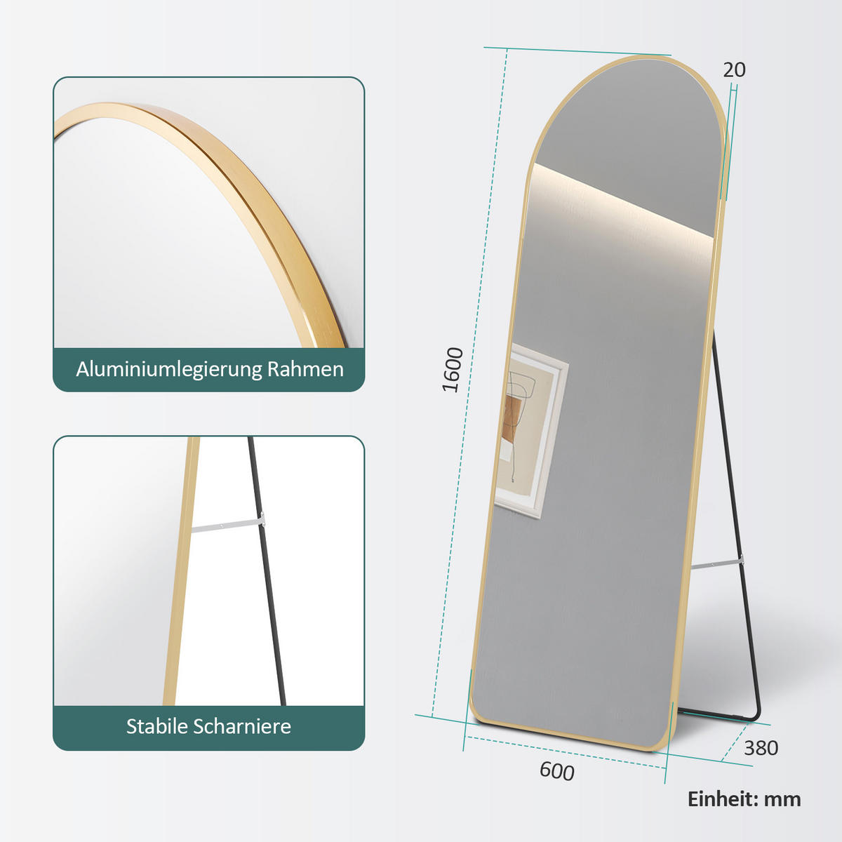 STANDSPIEGEL mit Rahmen Gehärteter Silberspiegel Gold 160/60 cm - Goldfarben, Glas/Metall (60/160/160cm) - EMKE
