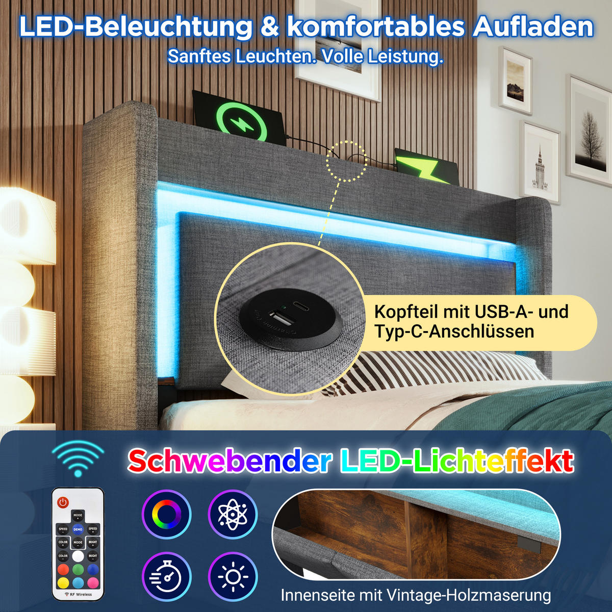 POLSTERBETT 90/200 cm Grau mit LED-Beleuchtung, 1 Schublade, Ablagefach sowie USB-/USB-C-Anschlüssen - Grau, Textil/Metall (90/200cm) - Homcomodar