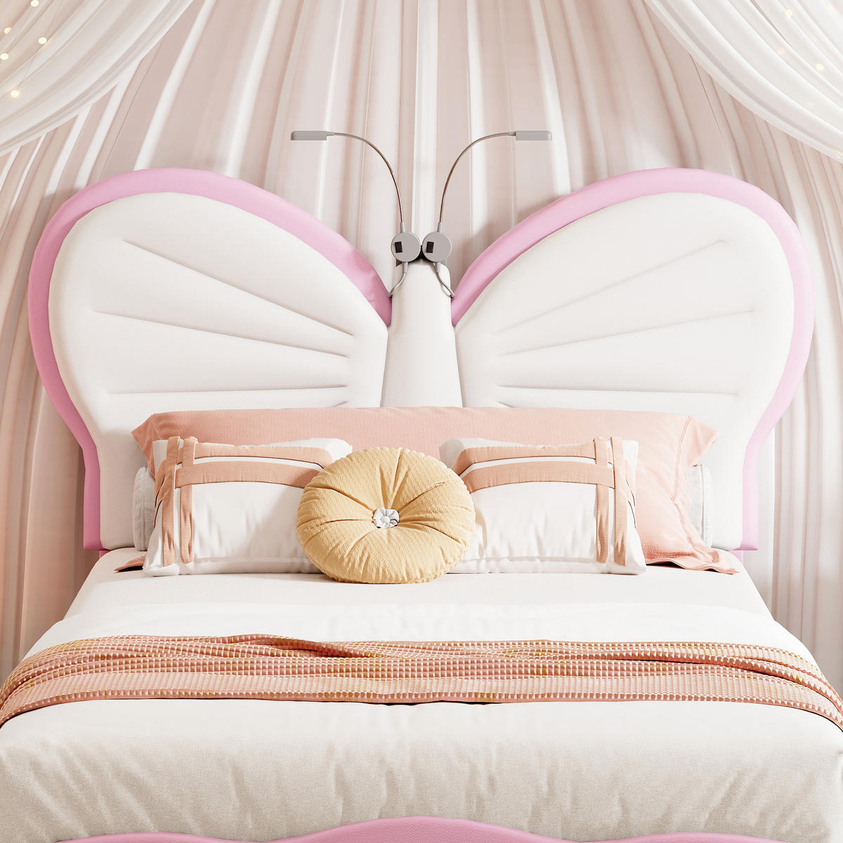 POLSTERBETT 90x190 cm Kinderbett mit Schmetterling Kopfteil, LED Leselicht, Rosa Weiß - Rosa, Metall (90/190cm) - EuroLiving
