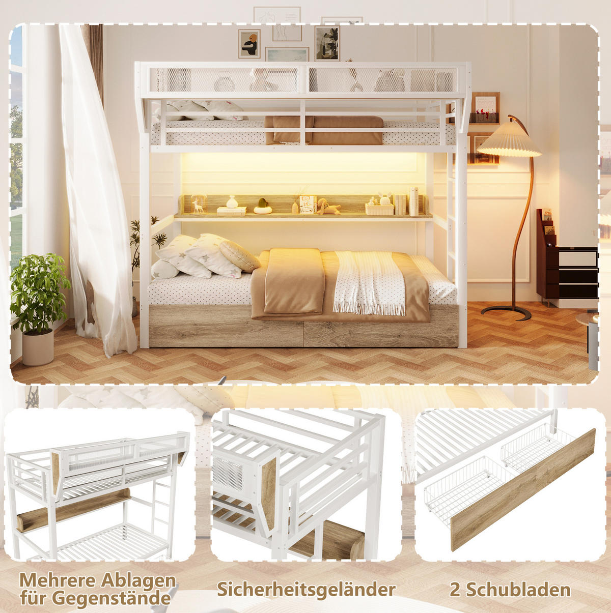 ETAGENBETT 90/200 cm aus Metall und MDF mit LED-Licht und Stauraum Weiß - Weiß, Holzwerkstoff (90/200cm) - Modenvie