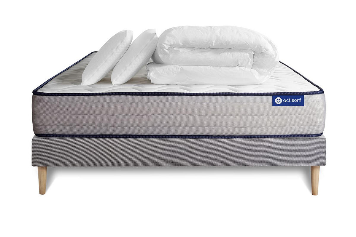 BETT Actiflex form Taschenfederkern und Memory-Schaum 200 x 200 cm h3 - Kit Bettgestell Grau - Mit Kissen und Bettdecke - Beige/Grau, Holz/Textil (200/200cm) - ACTISOM