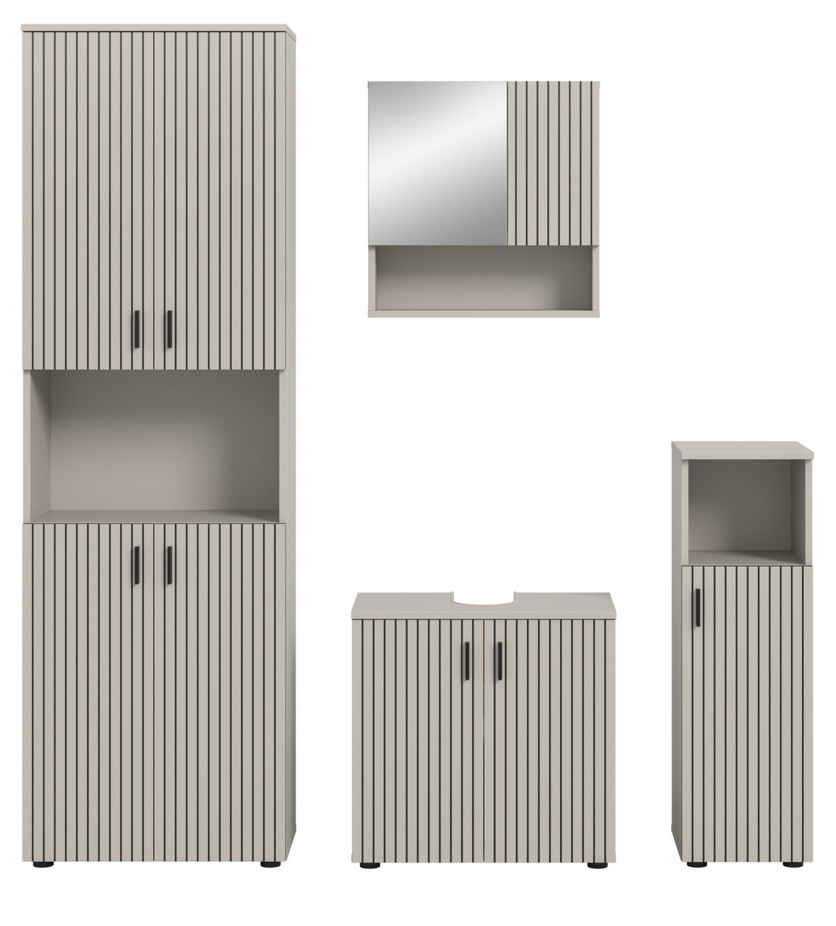BADMÖBEL-SET Kaschmir 4-teilig 180 cm, Badkombination mit eingefräster Leistenoptik - Kaschmir/Schwarz, Glas/Holzwerkstoff (180/192/30cm) - Inn.Furn