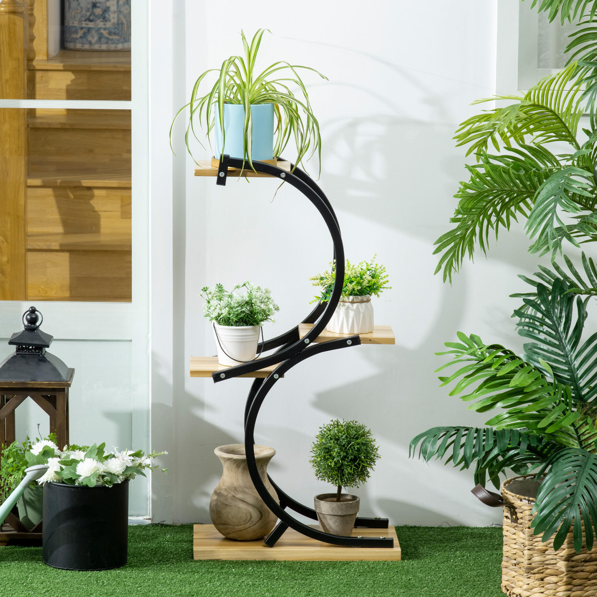 PFLANZENREGAL, Tannenholz, Eisen, Natur+Schwarz - Multicolor, Holz (25/91/46cm) - Outsunny