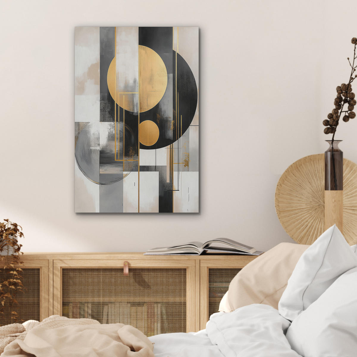 AKUSTIKBILD Abstrakt - Gold - Silber - Formen - Ästhetisch - Modern Kunstdruck Schlafzimmer 50x70 cm - Goldfarben, Kunststoff (50/70/0.9cm) - MuchoWow