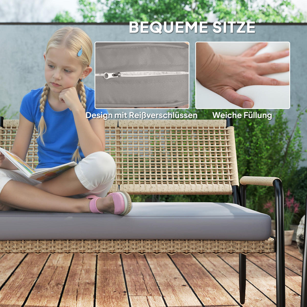 GARTENMÖBEL LOUNGE-SET DE-06737 4-teilig mit Glastisch Dunkelgrau/Gelb - Dunkelgrau, Kunststoff/Metall - ComfortXL
