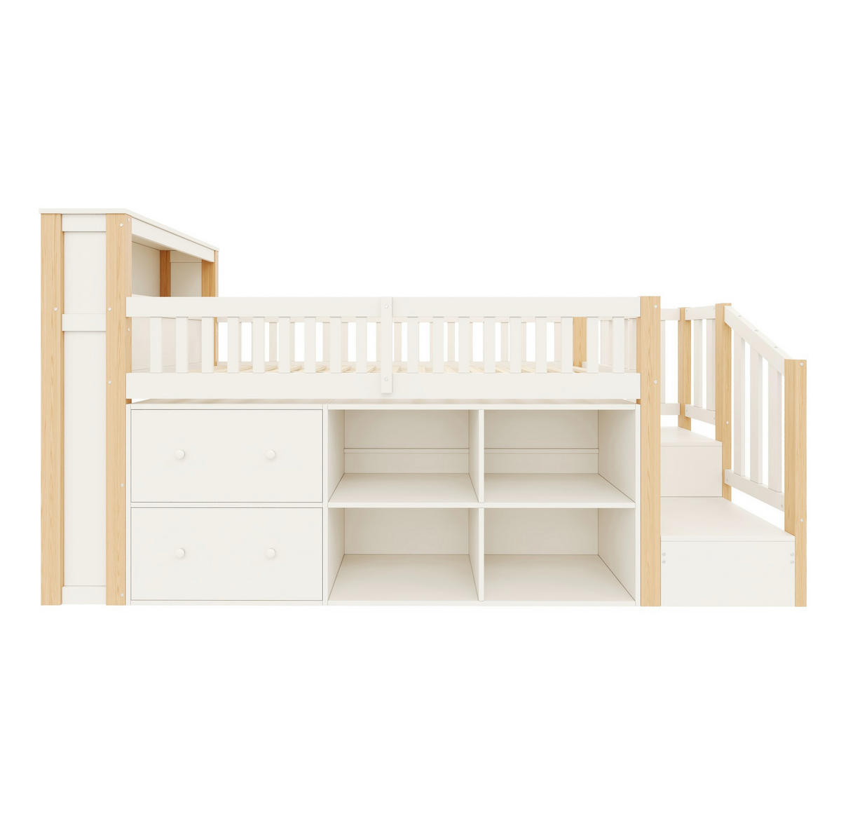 HOCHBETT Kiefernholz & MDF 90x200 cm Natur mit Stauraum, Leiterschrank, USB/USB-C und LED - Naturfarben, Holzwerkstoff (90/200cm) - Modfu