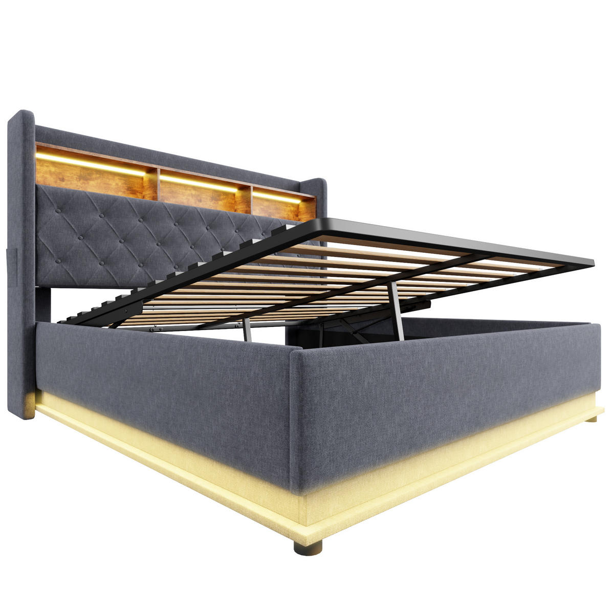 POLSTERBETT LED 160/200 cm grau mit USB-Ladeanschluss und hydraulischem Stauraum - Grau, Textil (160/200cm) - OKWISH