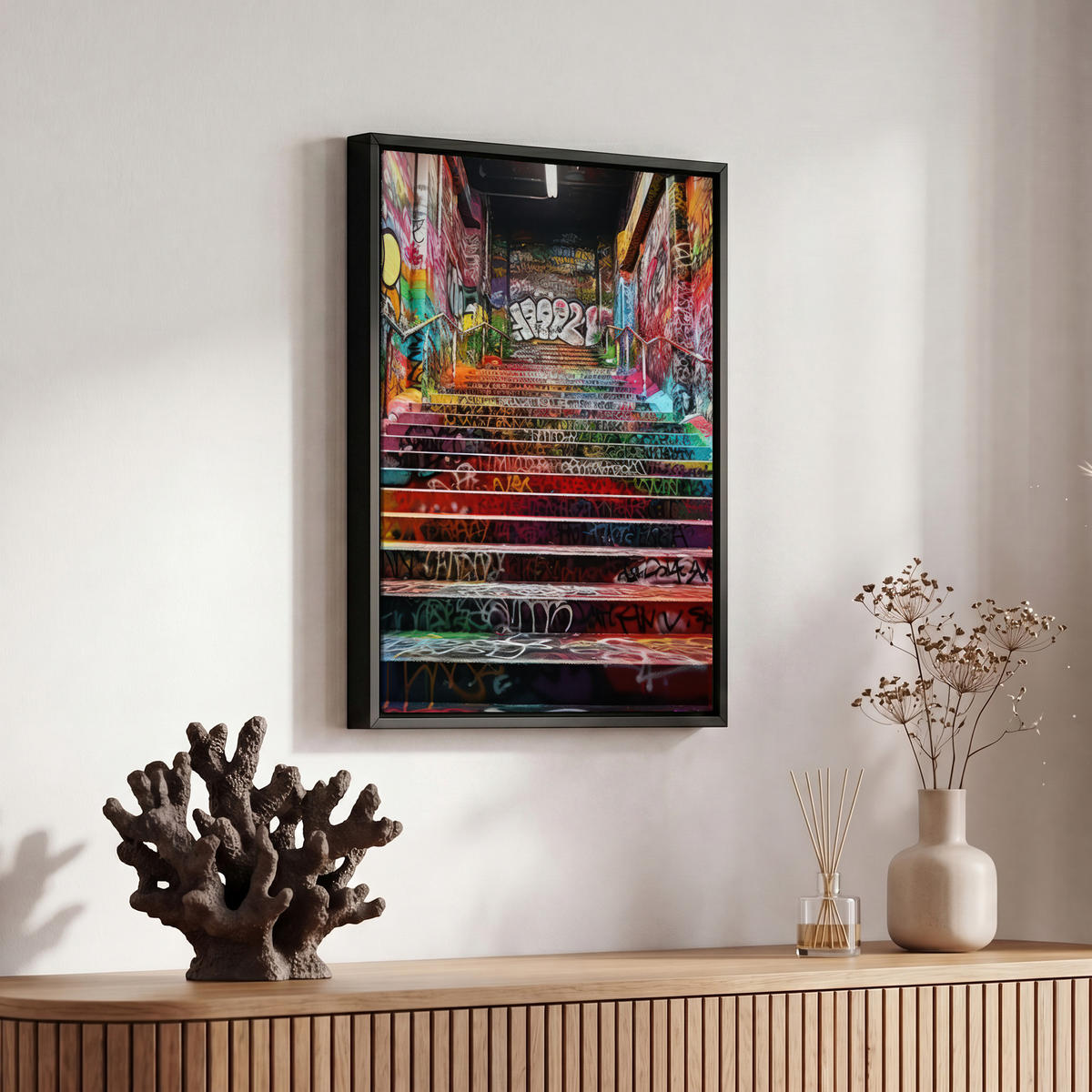 LEINWAND Bilder mit Rahmen - Treppe - Graffiti - Farben - Kunst - 20x30 - Multicolor, Textil (20/30cm) - MuchoWow