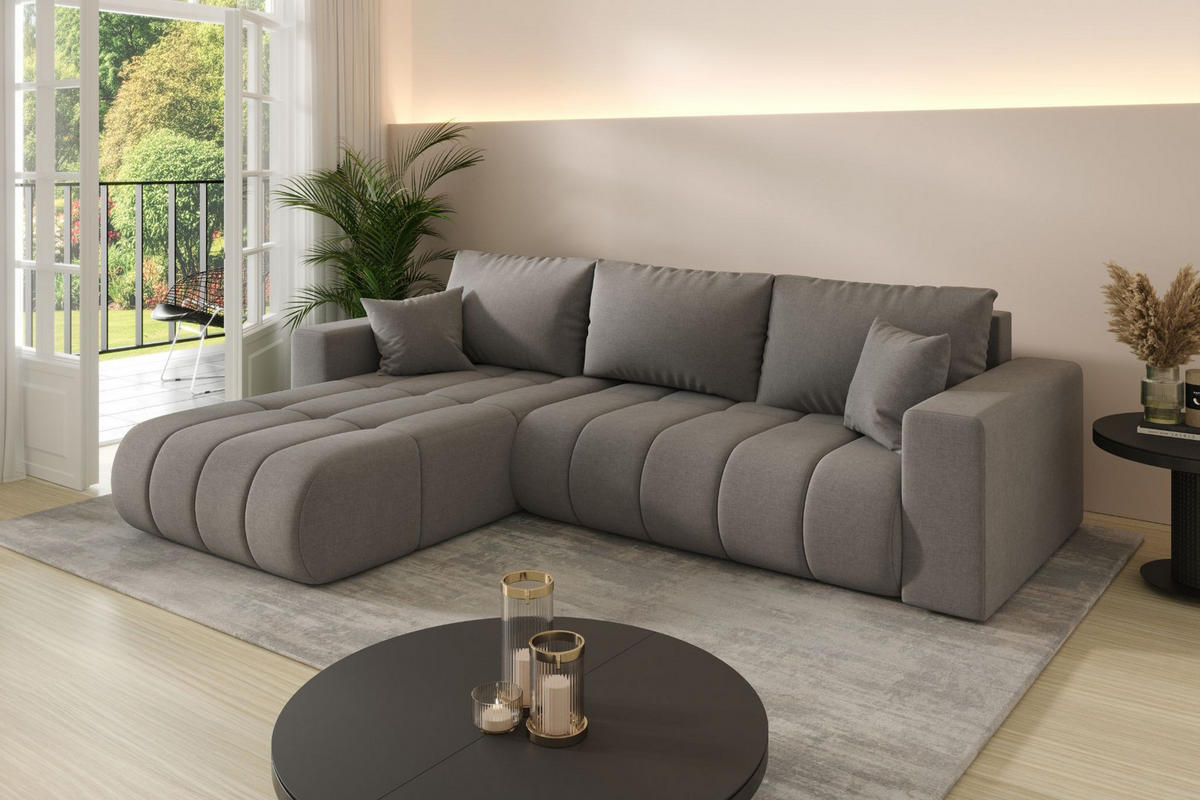ECKSOFA mit schlaffunktion und bettkasten MILO PREMIUM, stoff WIND, Stahl, Links - Grau, Holz (280/190cm) - Kaiser Möbel