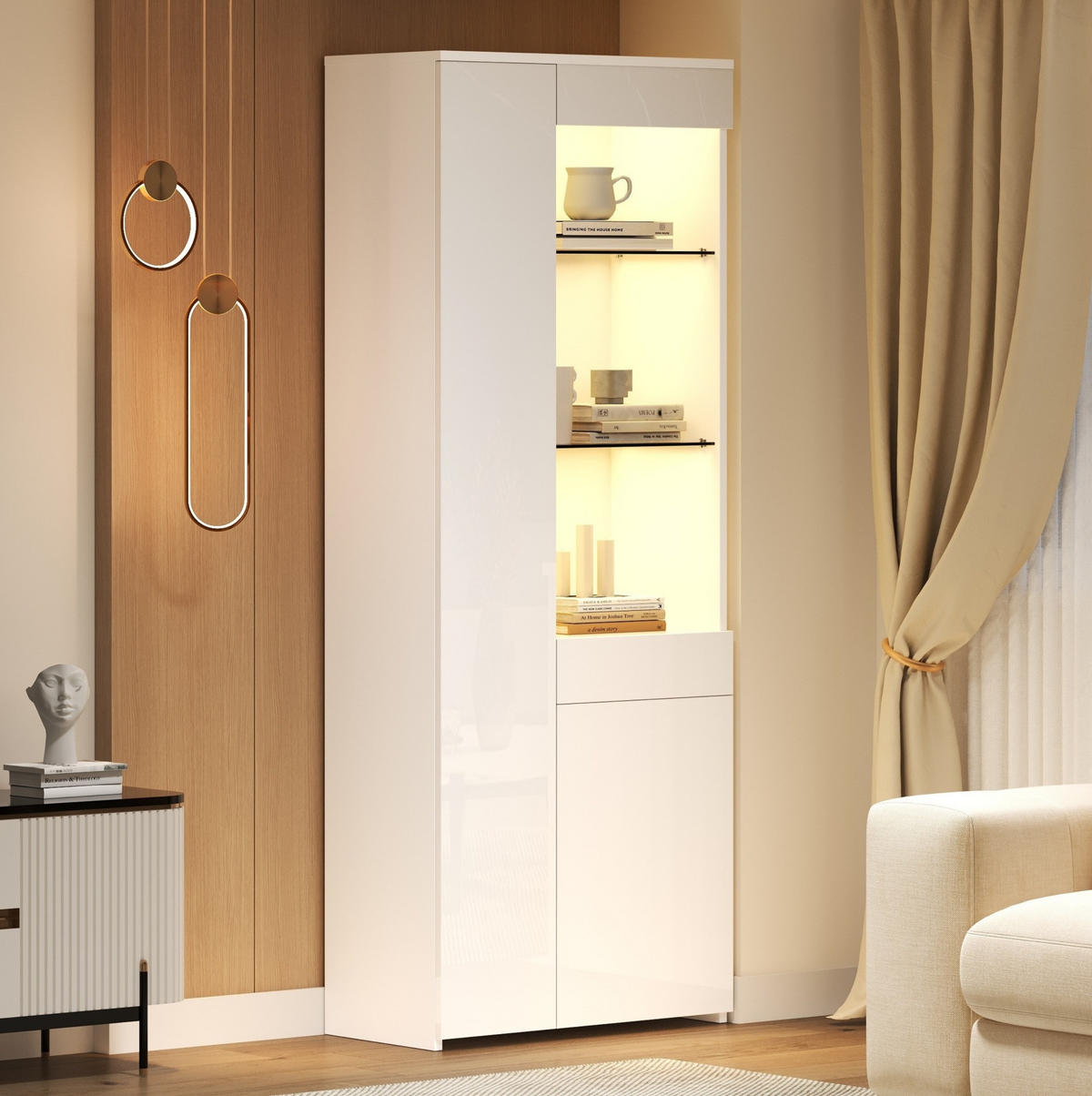 VITRINE 70/35/180 cm aus Spanplatte mit LED-Beleuchtung und Hochglanzfront Weiß - Weiß, Holzwerkstoff (70/180/35cm) - Modenvie