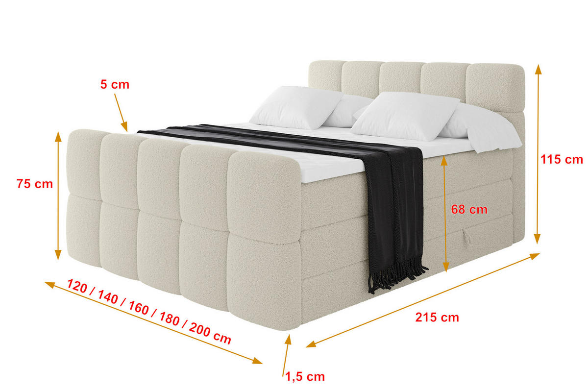 BOXBETT mit Matratze H3/H4 - FAMA-Z KING - 160x200 cm Beige Quelle - Sandfarben, Holzwerkstoff (160/200cm) - ALTDECOR