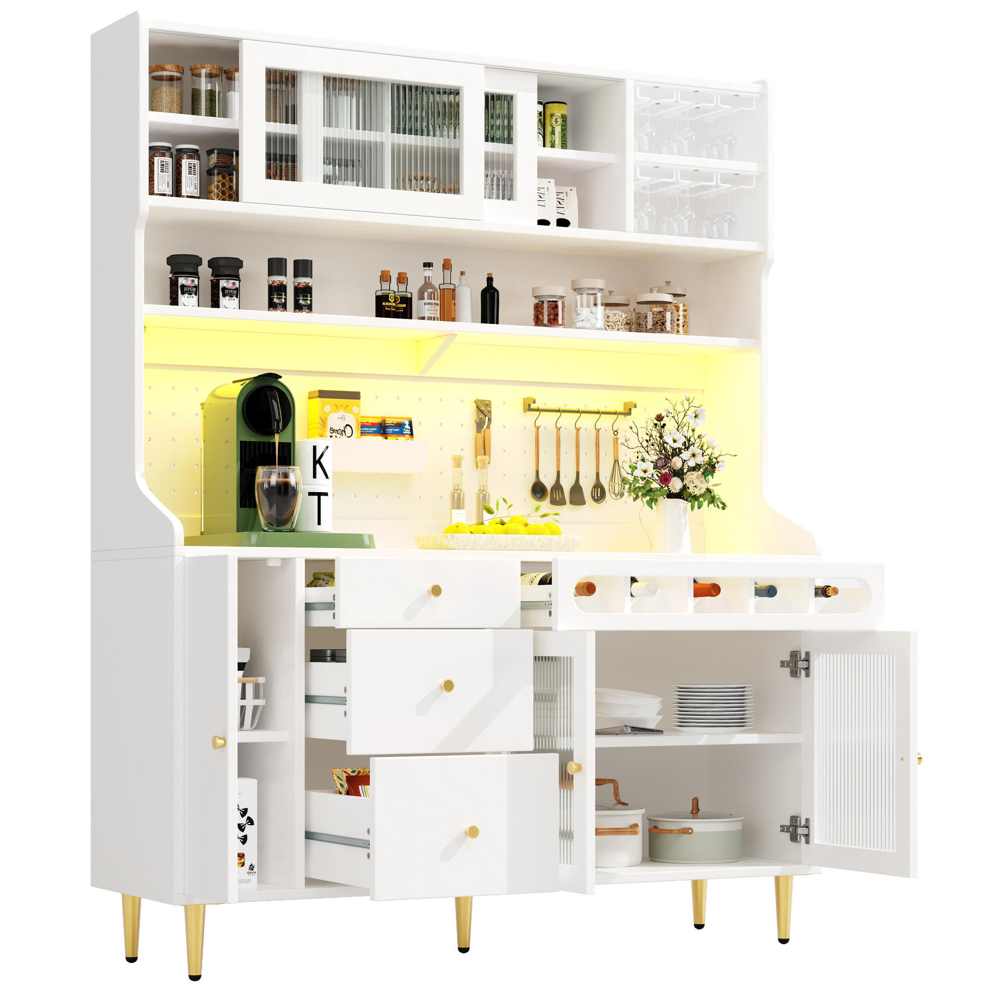 BUFFET 145/39/171 cm aus MDF und Glas mit LED-Beleuchtung und verstellbaren Einlegeböden Weiß - Weiß, Holzwerkstoff (145/171/39cm) - Modenvie