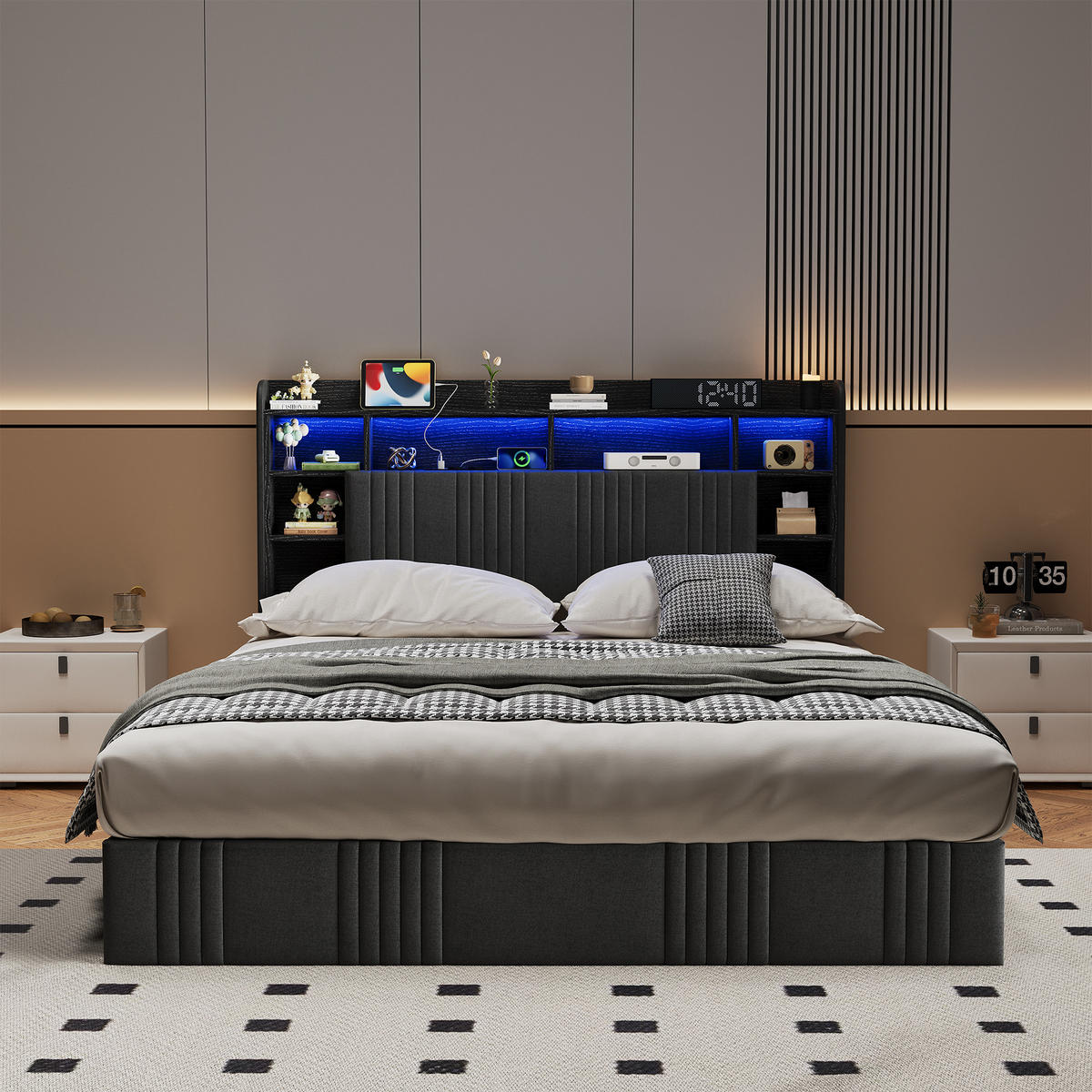 POLSTERBETT 140x200 cm Dunkelgrau Leinen mit Bettkasten, Hydraulik, LED RGB & USB Steckdose - Schwarz, Holz - SHOPENTRA