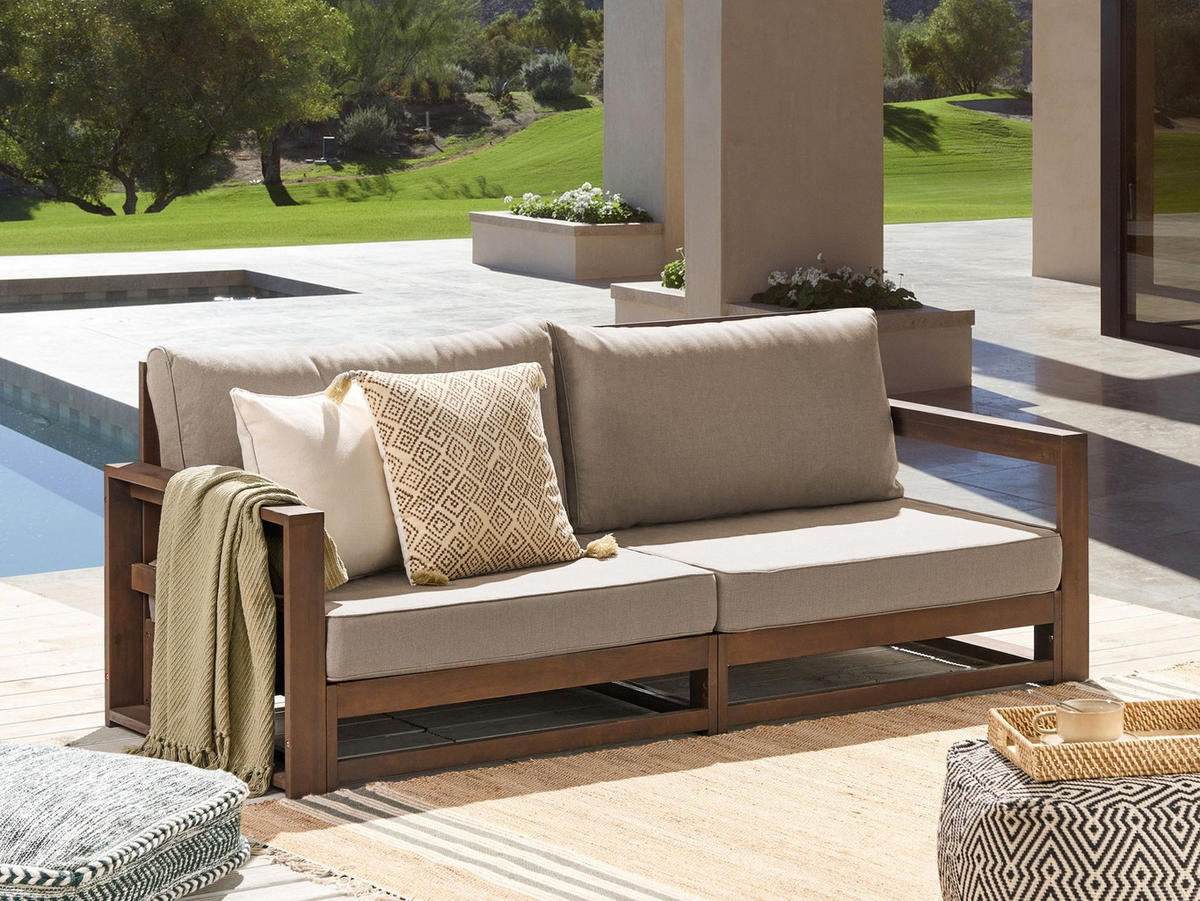 GARTENSOFA 2-Sitzer zertifiziertes Holz dunkelbraun modular Auflagen taupe Timor II - Dunkelbraun/Beige, Holz (184/72/75cm) - Beliani