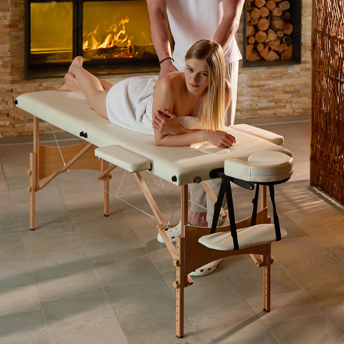 MASSAGELIEGE 2 Zonen Freddi,210 x 95 x 84 cm,beige - Beige, Holz (95/84/210cm) - tectake