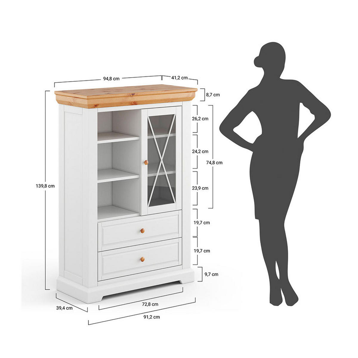 STANDVITRINE Marone Elite Grau / Kiefer Natur 95 / 41 / 140cm - Grau/Kieferfarben, Holz (95/140/41cm) - Feldmann-Wohnen