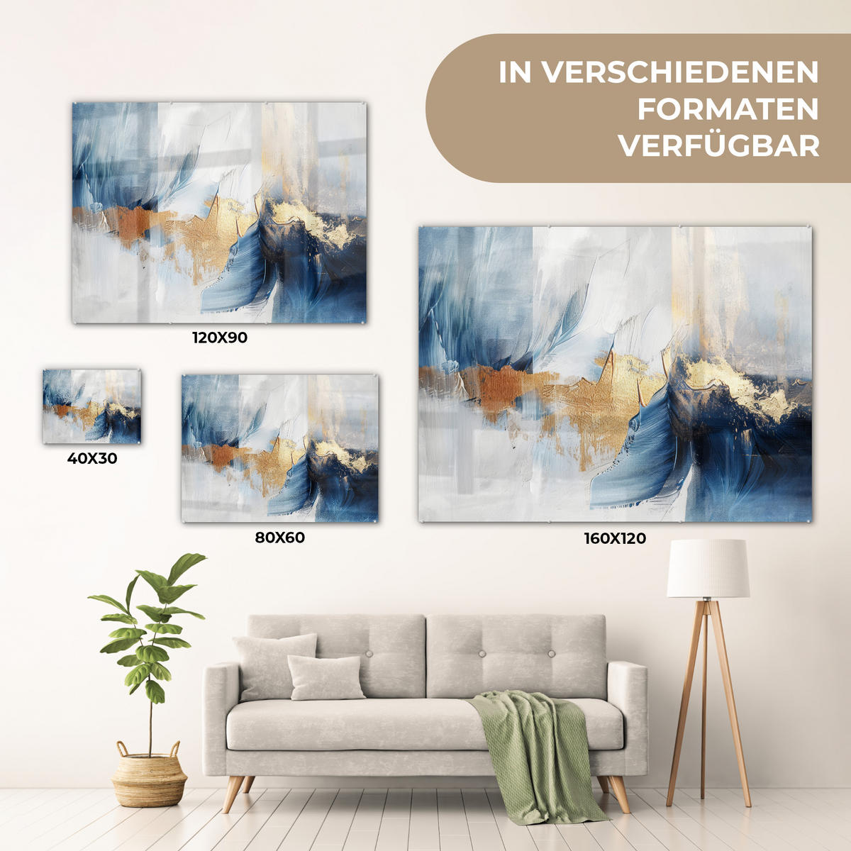 ACRYLGLASBILD Gold - Blau - Aquarell - Kunst - Modern 80x60 cm - Hellblau, Glas (80/60cm) - MuchoWow