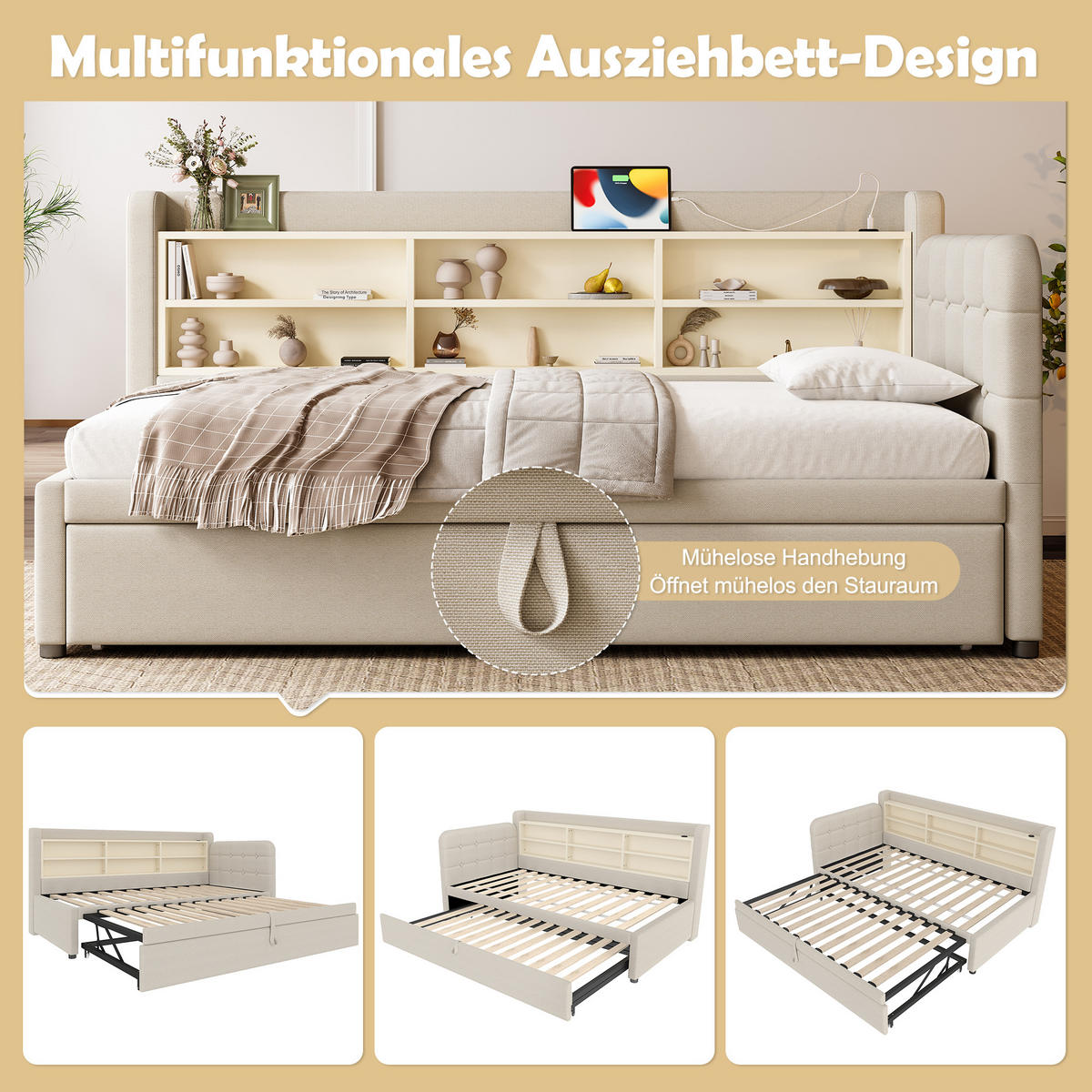 TAGEBETT 90x200cm + 180x200cm Beige Leinen Ausziehbett USB-C - Beige, Holz (180/200cm) - FLIEKS