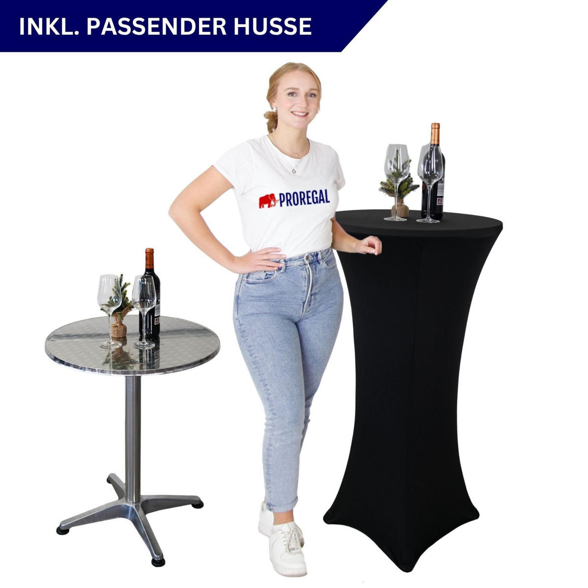 STEHTISCH mit Hussen klappbar HxØ 75-115x60cm MDF-Platte mit Edelstahlbeschichtung Silber - Silberfarben, Metall (115/60/115cm) - CHEFGASTRO