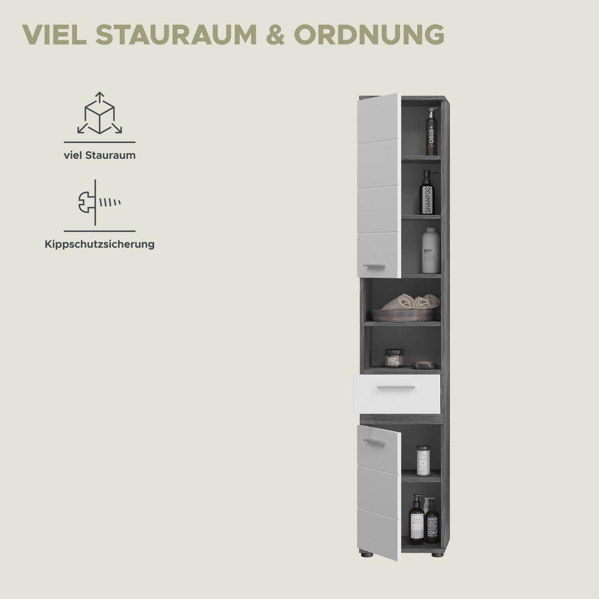 HOCHSCHRANK Blake Bad in Rauchsilber Nachbildung und weiß hochglanz B/H/T: 35x191x31 cm - Silberfarben, Holz (35/191/31cm)
