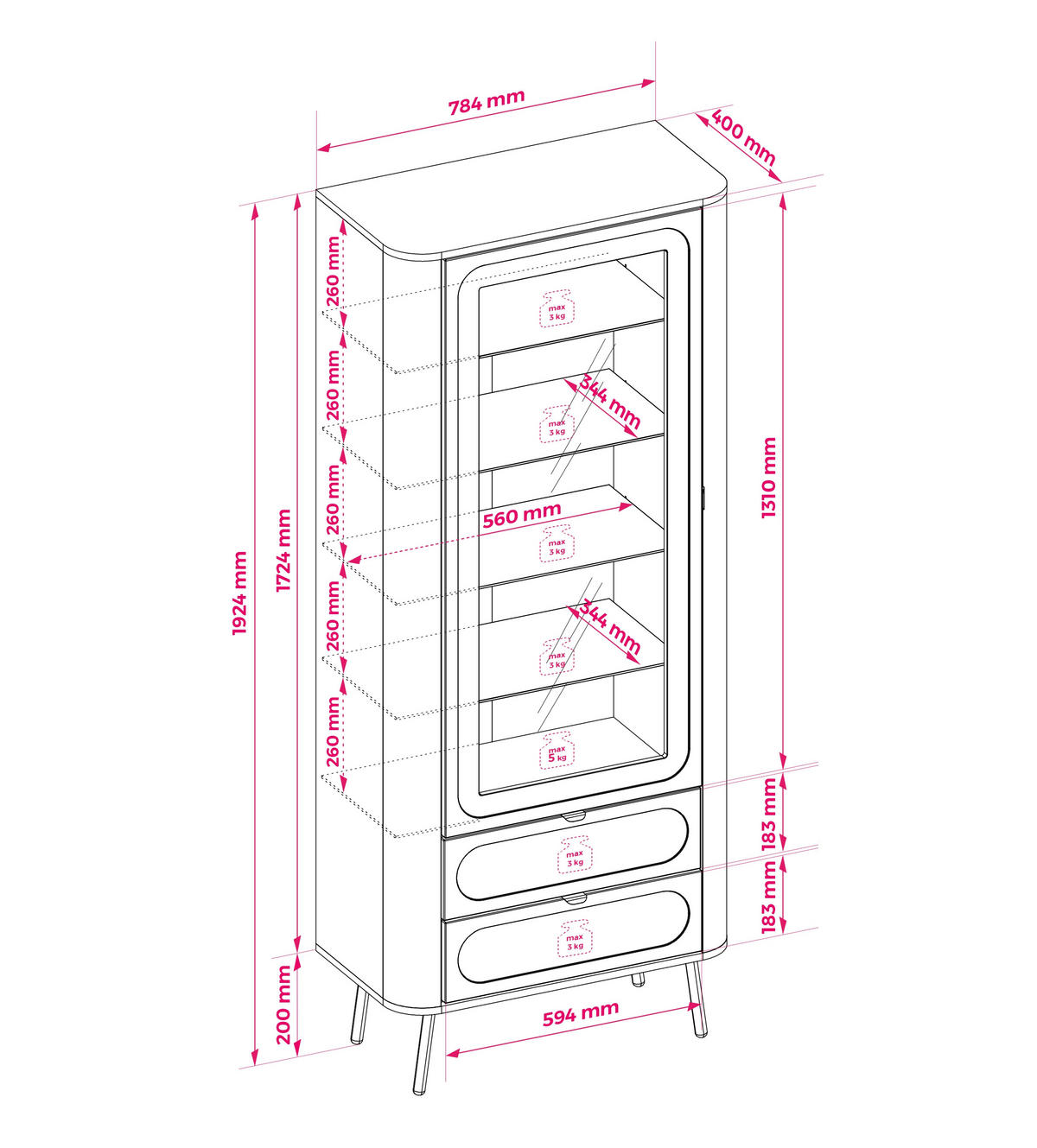 VITRINE mit 2 Schubladen, Schwarz, 78,4 x 40 x 192,4 cm - Schwarz, Holzwerkstoff (78.4/192.4/40cm) - 3XE LIVING